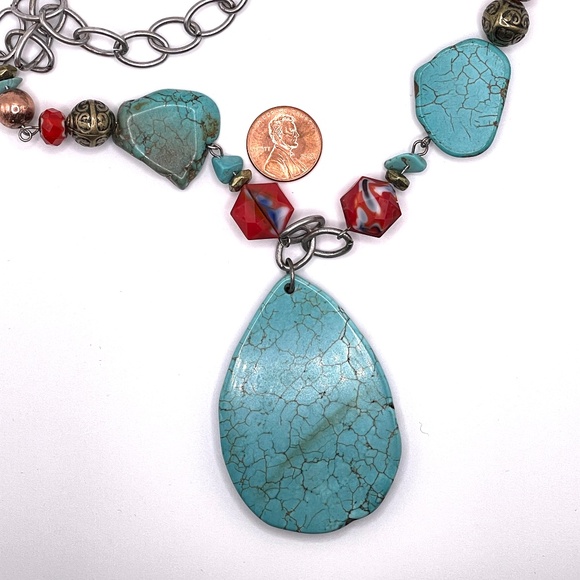 Vintage Carol Dauplaise Turquoise Howlite Red Stone Bohemian Statement Necklace - Picture 7 of 8